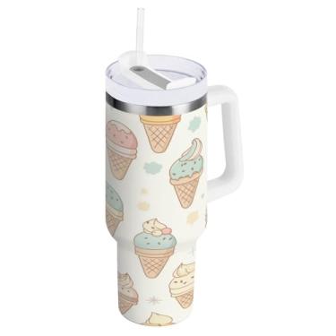 Imagem de Blueangle Copo isolado de 850 g com alça e tampa de canudo - Caneca de viagem de aço inoxidável à prova de vazamento, garrafa de água com padrão de sorvete a vácuo de parede dupla (615)