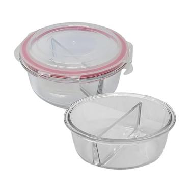 Imagem de Kit 2 Pote De Vidro Tampa Hermético Redondo Com Divisória Marmita Fit 4 Travas 390ml