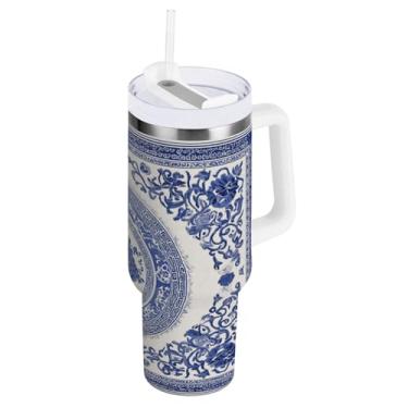 Imagem de Blueangle Copo isolado de 850 g com alça e tampa de canudo - Caneca de viagem de aço inoxidável à prova de vazamento, garrafa de água estilo porcelana azul e branca a vácuo de parede dupla (777)
