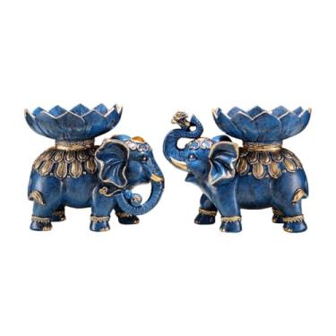 Imagem de Ioensy Casal estatuetas de elefante com bandeja de frutas decoração de mesa decorativa tigela de frutas secas para presente de inauguração multifuncional, AZUL