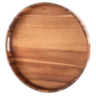 Imagem de Bandeja extra grande de madeira de acácia premium de 56 cm, bandeja redonda para otomana com alças, bandeja de servir de madeira, multiuso para jantar, café da manhã na cama, mesa de café, lanche