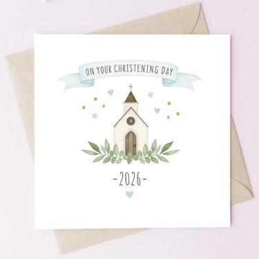 Imagem de TEEMI - Novo cartão de batismo - Cartão de felicitações de batismo no seu dia de batismo com envelope, cartolina premium de 300 g/m², design de igreja, interior em branco para bebê menino menina