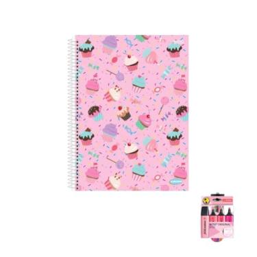 Imagem de Kit Caderno Feminino 10 Matérias Capa Dura 200 Folhas + Caneta Spiro Glow 0.7mm + Marca Texto Boss 4 Cores