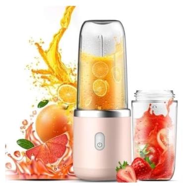 Imagem de Liquidificador Portátil para Sucos, 400ml, 6 Lâminas, Azul, com 2 Copos 400ML 6 Lâminas Espremedor Elétrico Mini Liquidificador Portátil De Suco De Alimentos Misturador Leite (Rosa)