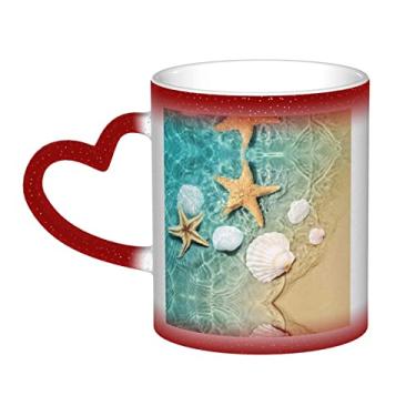 Imagem de Caneca de café divertida com estampa de estrela do mar e concha, copo de cerâmica com mudança de cor sensível ao calor 12 onças, para café/chá/leite/cacau, para adolescente/aniversário/festival