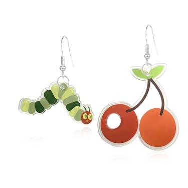 Imagem de Seakuur Brincos pendentes femininos de acrílico comendo lagarta morango cereja assimétrico fofo divertido fruta animal brincos comida tema inseto novidade joias, Large, Acrílico, Sem pedra preciosa