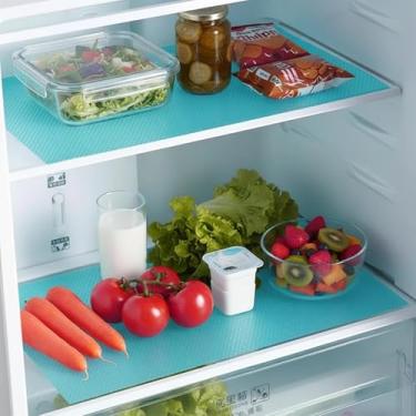 Imagem de Pacote com 6 forros de prateleira de geladeira, tapetes de geladeira laváveis à prova d'água para prateleiras de vidro, capas de armário de gaveta antiderrapantes, cortadas para ajuste, reutilizáveis