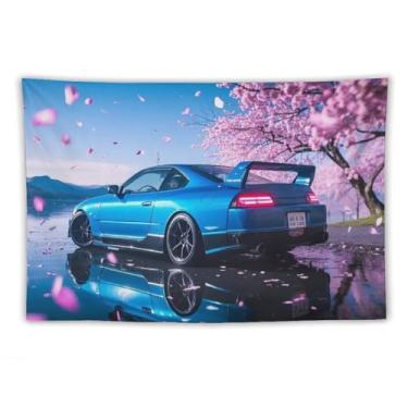 Imagem de HouLaiZhe Tapeçaria de carro flores de cerejeira carro esporte reflexão parede quarto decoração de casa tapeçaria estética piquenique decoração de parede arte de parede para dormitório sala de estar