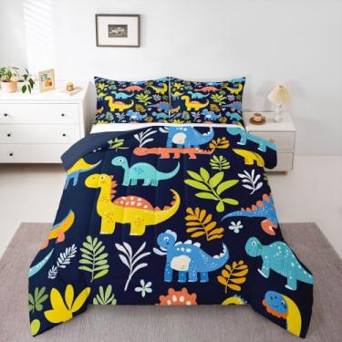 Imagem de Feelyou Conjunto de cama com desenho animado de dinossauros, macio para meninos e meninas, conjunto de edredom com tema de dinossauro, solteiro, aventura, selvagem, 2 peças com 1 fronha