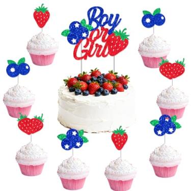 Imagem de Sursurprise Berry Sweet Gender Reveal Decorations, 25 peças de morango ou mirtilo Revelação de Gênero Topper Cupcake Toppers para Chá de Bebê Berry Sweet Decoração de Chá de Bebê Menino ou Menina