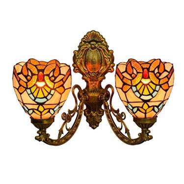 Imagem de Arandela de parede vintage estilo Tiffany barroco com 2 braços, vitral com iluminação voltada para cima e para baixo, ideal para quarto, sala de estar, corredor e varanda, soquete E27, 15 cm