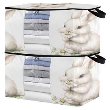 Imagem de Burbuja Bolsa de armazenamento de roupas de coelho com margarida com tampas e alça, embalagem com 2 recipientes de armazenamento de cobertor dobrável com zíper resistente e janela transparente para