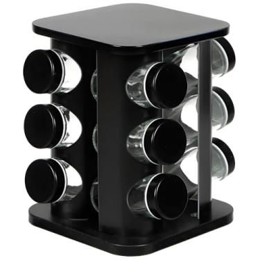 Imagem de Porta Temperos Giratório com 12 Potes, Aço Inox e ABS, Preto, 22cm Altura, 4 Níveis, 90ml Cada Pote