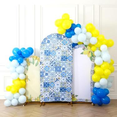 Imagem de Soulchen Conjunto de 3 capas de pano de fundo de arco da Costa Amalfitana com 200 balões, 1,8 m azul amarelo capri limão guirlanda arco capa para chá de panela, casamento, Costa Amalfitana