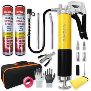 Imagem de YATOINTO Kit de pistola de graxa versátil de 17 peças, pistola de graxa à prova de vazamento de 7000 PSI com cartucho duplo de 396 g, mangueira de mola de 45 cm, bocal de alça dupla, acoplador, fita