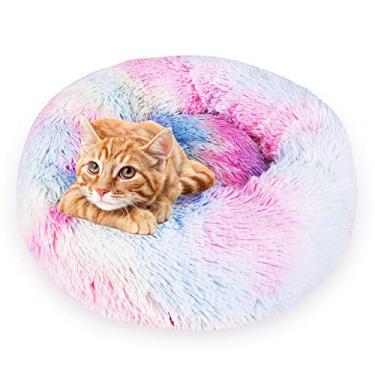 Imagem de P0201140 Cama Redonda de Pelúcia Macia para Gatos e Cães Donut Pelo Luxuoso Auto-Aquecida com Borda Apoiada Suporte Ortopédico Lavável à Máquina Segura Secadora Falsa Camada Isolação Recheio Alivio Do