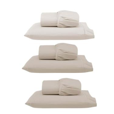 Imagem de Kit 3 Jogos de Lençol Solteiro com Elástico e Fronha Bordada em Ponto Palito, 6 Peças em Micropercal 300 Fios 100% Poliéster (Solteiro Versat(Palha/Cáqui/Cáqui))