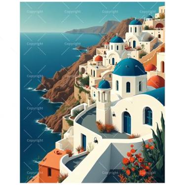 Imagem de Kit de pintura à beira-mar por números para adultos - DIY Santorini Coastal Village pintura em tela 40,6 x 50 cm, conjunto de tinta acrílica, adequado para iniciantes, arte de parede mediterrânea para