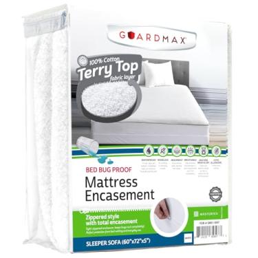 Imagem de Guardmax Revestimento de colchão com zíper de algodão felpudo - tamanho de sofá-cama - 100% à prova d'água e protetor de colchão à prova de percevejos - Capa de colchão absorvente de seis lados