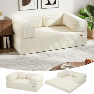 Imagem de COMAX Sofá-cama dobrável Queen, sofá-cama dobrável, cadeira futon dobrável para adultos, colchão conversível para quarto, sala de estar, quarto de hóspedes, pele sintética bege claro