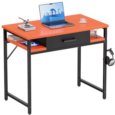 Imagem de Pamray Mesa pequena para computador de 81 cm com gaveta e prateleiras, mesa de trabalho simples para quarto, laranja
