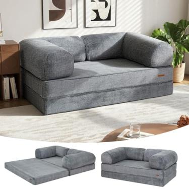 Imagem de COMAX Sofá-cama Futon 4 em 1, sofá dobrável tamanho queen com apoios de braço em forma de L, cama de cadeira conversível, colchão confortável para sala de estar e quarto, cinza neve