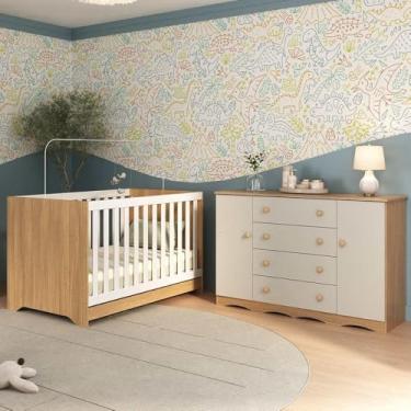 Imagem de Berço Americano 3 em 1 com Cômoda 2 Portas 4 Gavetas Realeza Multimóveis Mp4693 Madeirado/off White