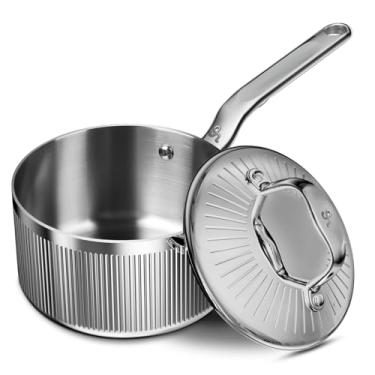 Imagem de GLOBEHOME Panela de aço inoxidável de 5 camadas com tampa – panela de 2 litros durável e com aquecimento uniforme, panelas profissionais para indução, todos os fogões, forno e lava-louças