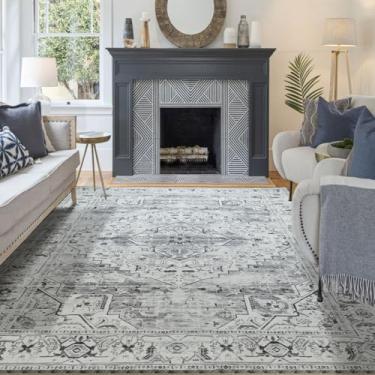 Imagem de Syalife Tapete de área para sala de estar e quarto, tapetes laváveis vintage com suporte antiderrapante, tapete interno envelhecido, 20 x 25 cm, cinza claro/branco