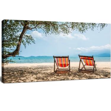 Imagem de Arte de parede de praia paisagem do mar impressão de imagem cadeiras de praia arte de parede arte giclée moderna decoração de casa esticada e emoldurada pronta para pendurar arte à prova d'água para