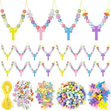 Imagem de 32 conjuntos de colar de contas de cruz de madeira de Páscoa, kit de artesanato - faça você mesmo religiosa cruz de madeira em forma de ovo coelho conjunto para decoração de Páscoa Jesus atividade