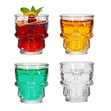 Imagem de REUJIHXY 4 peças de copo de shot de 50 ml, conjunto de copos de base pesada com cara de caveira, copo de uísque perfeito para degustação de vinho, tequila, atirador, despejador de coquetel, copos de
