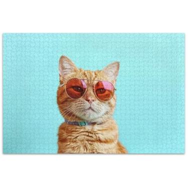 Imagem de Quebra-cabeça gato em óculos de sol azul adulto 500 peças pintura artística Prime quebra-cabeças família elefante branco presentes