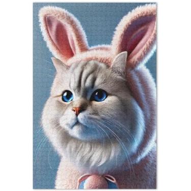 Imagem de Quebra-cabeça de gato coelho fofo gato adulto 500 peças presentes de elefante branco engraçado natureza quebra-cabeça pintura animal arte, 50 x 37 centímetros