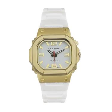 Imagem de LAKXIUL Relógio falante de voz inglês para cegos, deficientes visuais ou idosos, caixa dourada, pulseira branca