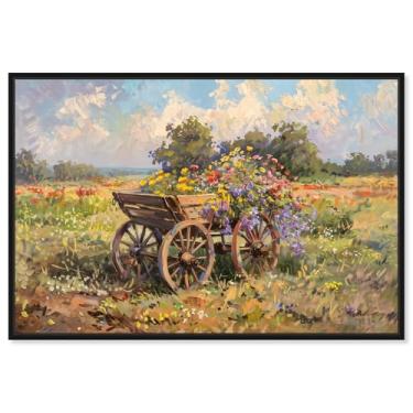 Imagem de Art Remedy Tela de paisagem clássica, 38 cm x 25 cm, moldura preta, vagão de flores de verão