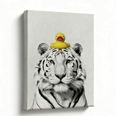 Imagem de Arte de parede de banheiro, tigre branco com tela de pato de borracha, impressão de pintura a óleo animal preto e branco, decoração de banheiro moderna arrojada para lavabo e vaso sanitário, pronto