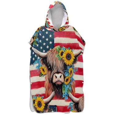 Imagem de Joisal Roupão de mudança de poncho de surfe plus size para adultos toalhas de banho com capuz bonito vaca highland bandeira americana ponchos adultos para mulheres