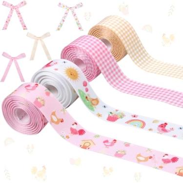 Imagem de Serencatcher Fitas temáticas de frango 4 rolos 20 jardas fitas coloridas de gorgorão para pintinho rosa amarelo fita guingham para animais de fazenda, galinha, decoração de festa de aniversário