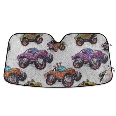 Imagem de Guarda-sol colorido Monster Trucks para para-brisa de carro protetor solar retrátil engraçado personalizado para para-brisa dianteiro de carro impressões de animais L, 144,8 cm x 80 cm