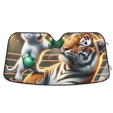 Imagem de Toldo de sol personalizado engraçado gatinho tigre boxe para para-brisa de carro engraçado retrátil dobrável óculos de sol para janelas dianteiras floral automotivo S, 134,6 cm x 59,7 cm