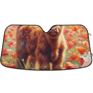 Imagem de Guarda-sol Highland Cow Papoula Flores Jardim Carro para Para-brisas Bonito Dobrável Carros Persianas para Janelas Frontais Floral Retrátil P, 134,6 cm x 59,7 cm