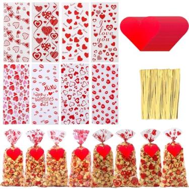 Imagem de 100 sacos de guloseimas de celofane para Dia dos Namorados com 100 peças de recorte de coração, sacos transparentes para presente de violoncelo com laços torcidos, sacolas de doces de dia dos
