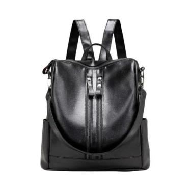 Imagem de Mochila De Couro Feminina De Grande Capacidade Preta Casual Multifunci