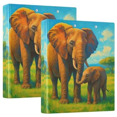 Imagem de Fichários de 3 anéis com 3 anéis de pastagem verde e natureza de elefantes 200 folhas duráveis para cadernos, fichário de receitas de anel redondo, 31,5 x 27 x 6 cm, pacote com 2