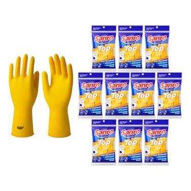 Imagem de Kit com 10 Pares Luva Sanro TOP Multiuso Látex Natural, Palma Antiderrapante Forro de Algodão e Interior Flocado, Tamanho M, Cor Amarela, Luvas de Látex Reutilizável para Limpeza, Pintura e Jardinagem