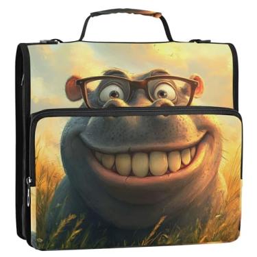 Imagem de Documento 3 fichários de 3 anéis anel D 1,5 polegadas bonito desenho animado hipopótamo engraçado fichário organizador com zíper portfólio e estojo pasta de anel fichário com alça bolsa escolar