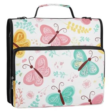 Imagem de Linda bolsa organizadora de fichário com zíper floral e folhas de borboletas de desenho animado com alça, 3 anéis de 3 anéis, suporte para pasta de portfólio para escola, escritório, armazenamento de