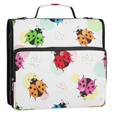 Imagem de Bolsa para fichário de joaninhas coloridas com 3 anéis com alça, organizador de portfólio com zíper comporta 500 folhas, armazenamento de documentos com vários bolsos para escola ou escritório