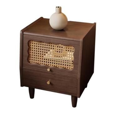 Imagem de Simple Modern Wood Bedside Tables, Glass/rattan Doors, Double Drawer Storage Design, Thickened Cabinet Legs, Countertop Side Panels, Suitable for Bedrooms(E)